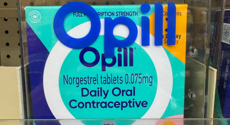 A package of Opill contraceptives on the shelf at the pharmacy