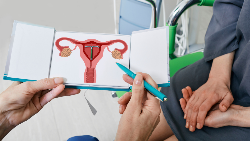 A health care provider explains IUD insertion to a patient
