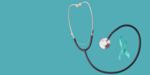 A stethoscope and a teal ribbon