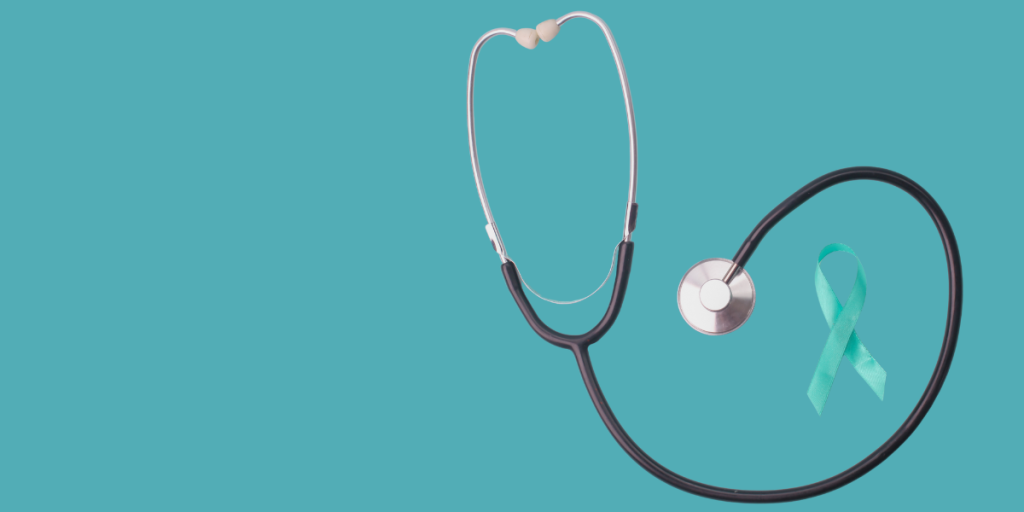 A stethoscope and a teal ribbon
